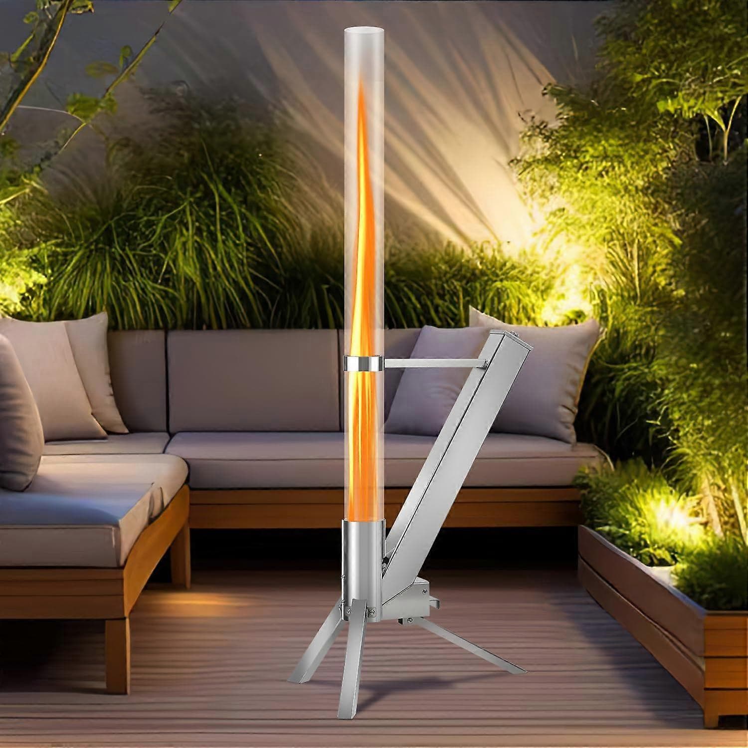 Chauffage d'extérieur à granulés en acier inoxydable avec tube en verre de 100 x 8 cm, flamme visible, colonne décorative