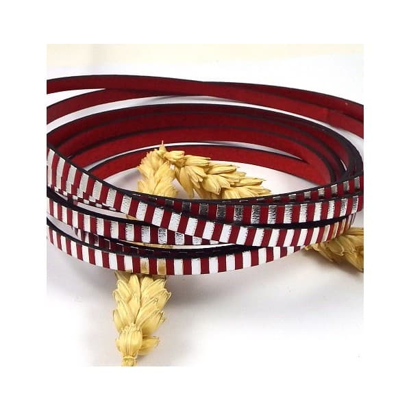 Cuir plat raye rouge et argent par 20cm