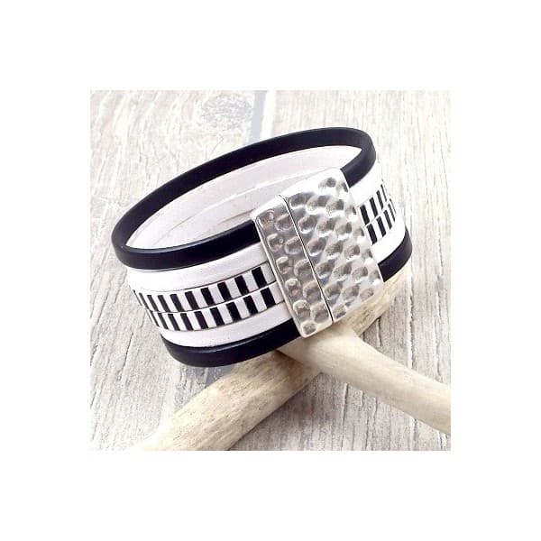 Kit bracelet cuir noir et blanc raye fermoir martele argent et son tutoriel