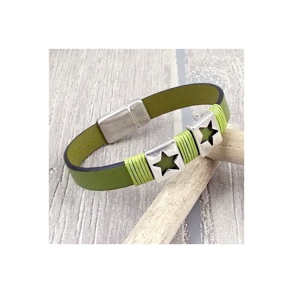 Kit  bracelet cuir vert anis et argent boho 