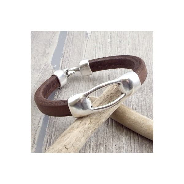 Kit bracelet cuir regaliz marron deux parties fermoir plaque argent