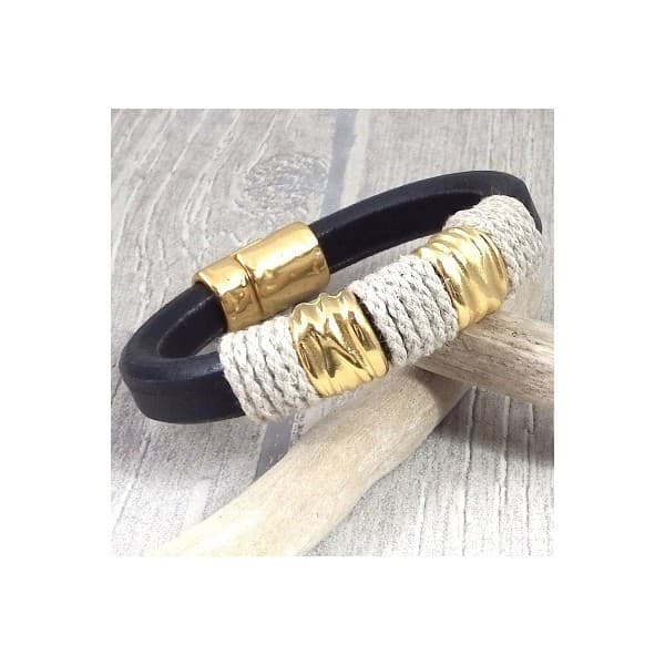 Kit bracelet cuir regaliz noir chanvre et or boho