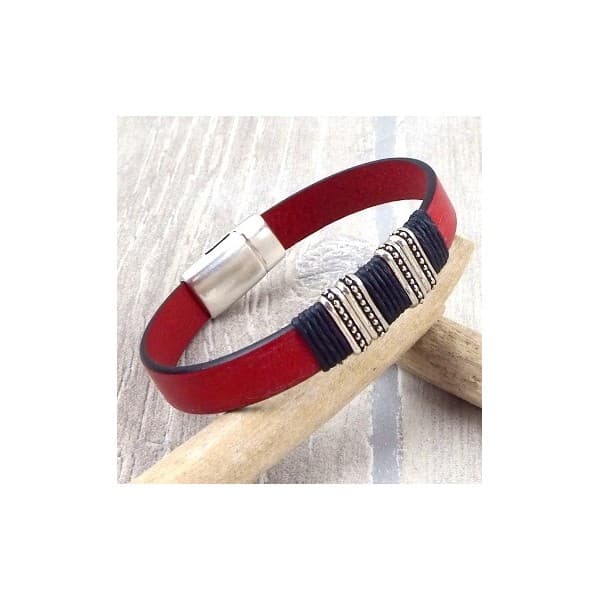 Kit bracelet cuir homme ethnique rouge et noir 