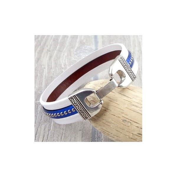 Kit bracelet cuir blanc et bleu metal