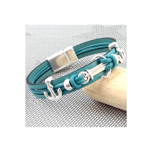 Kit tutoriel bracelet cuir vert ocean ancres marines argent