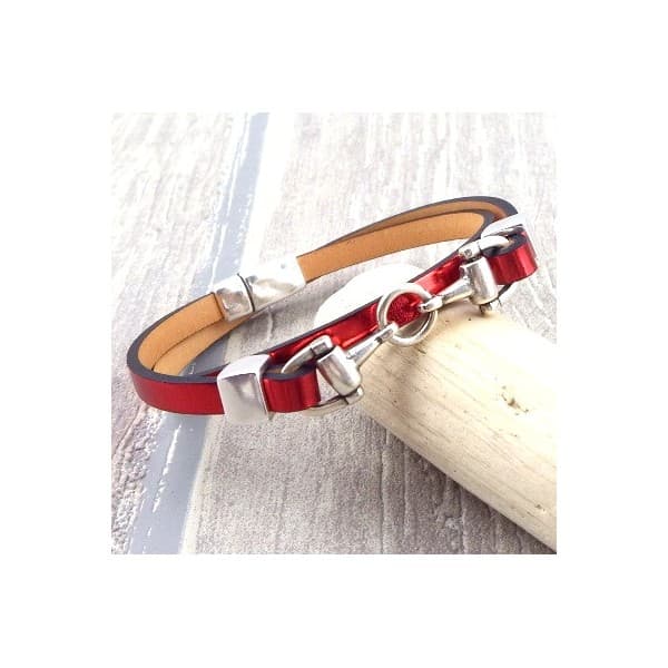 Kit bracelet cuir rouge metal double et mors argent