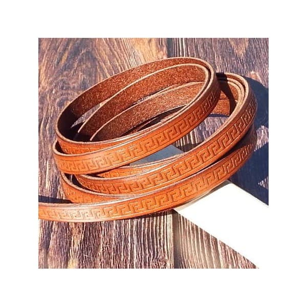 1 metre Cuir plat 10mm cognac motifs grec 