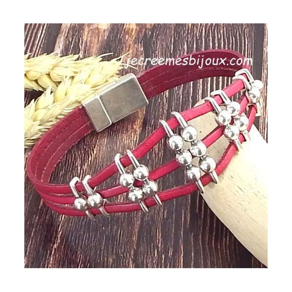 Kit bracelet cuir fuchsia et argent rock géométrique