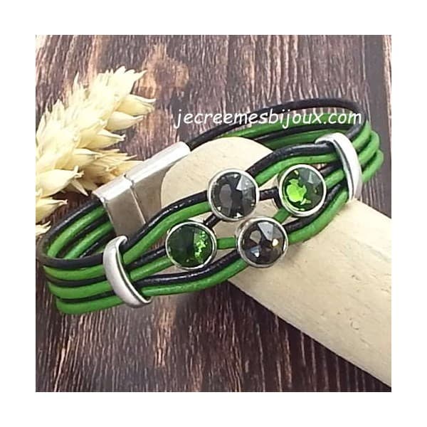 Kit bracelet cuir noir et vert cristaux swarovski assortis et fermoir argent