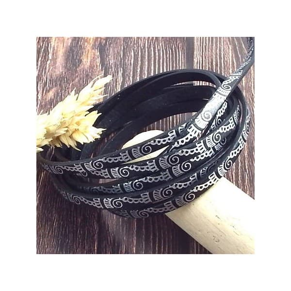Cuir plat 5mm noir imprimé vagues metal argent