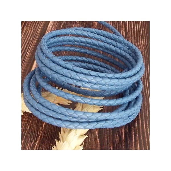Cordon cuir rond tresse bleu jean 3MM par 20cm