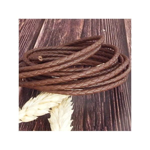 Cordon cuir rond tresse marron 3MM par 20cm