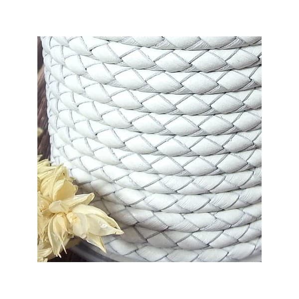 Cordon cuir rond tresse BLANC 4MM par 20cm
