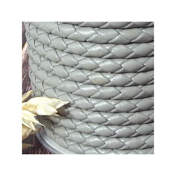 Cordon cuir rond tresse gris clair 4MM par 20cm
