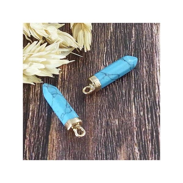 Pendentif pointe turquoise synthetique anneau dore 25mm