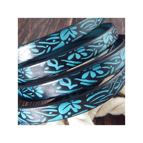 Cuir plat 10mm noir et turquoise grave jardin