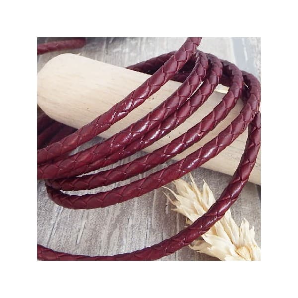 Cordon cuir rond tresse bordeaux 4MM par 20cm