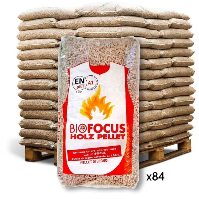 Bancale 1260 kg pellet bio focus in abete e pino enplus a1, 84 sacchi da 15 kg