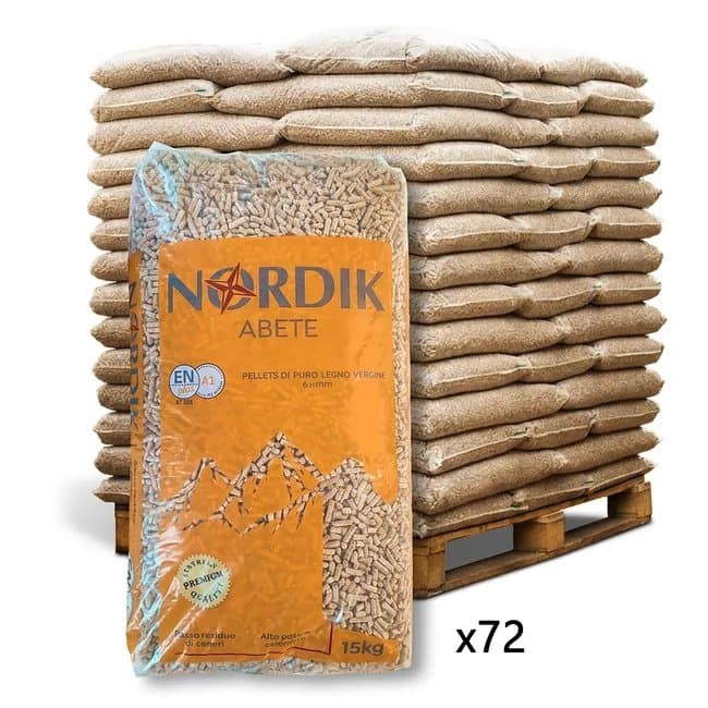 Bancale 1080 kg pellet nordik in abete enplus a1, 72 sacchi da 15 kg