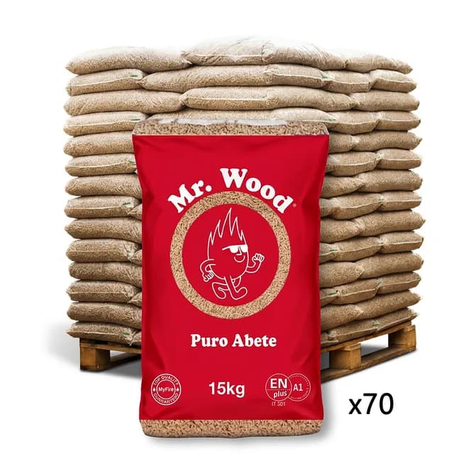 Bancale 1050 kg pellet Mr. Wood in abete ENplus A1, 70 sacchi da 15 kg