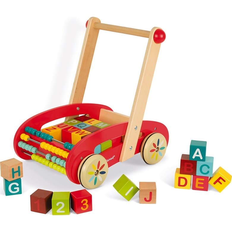 Janod Chariot de marche avec cubes en bois Abc Buggy Tatoo