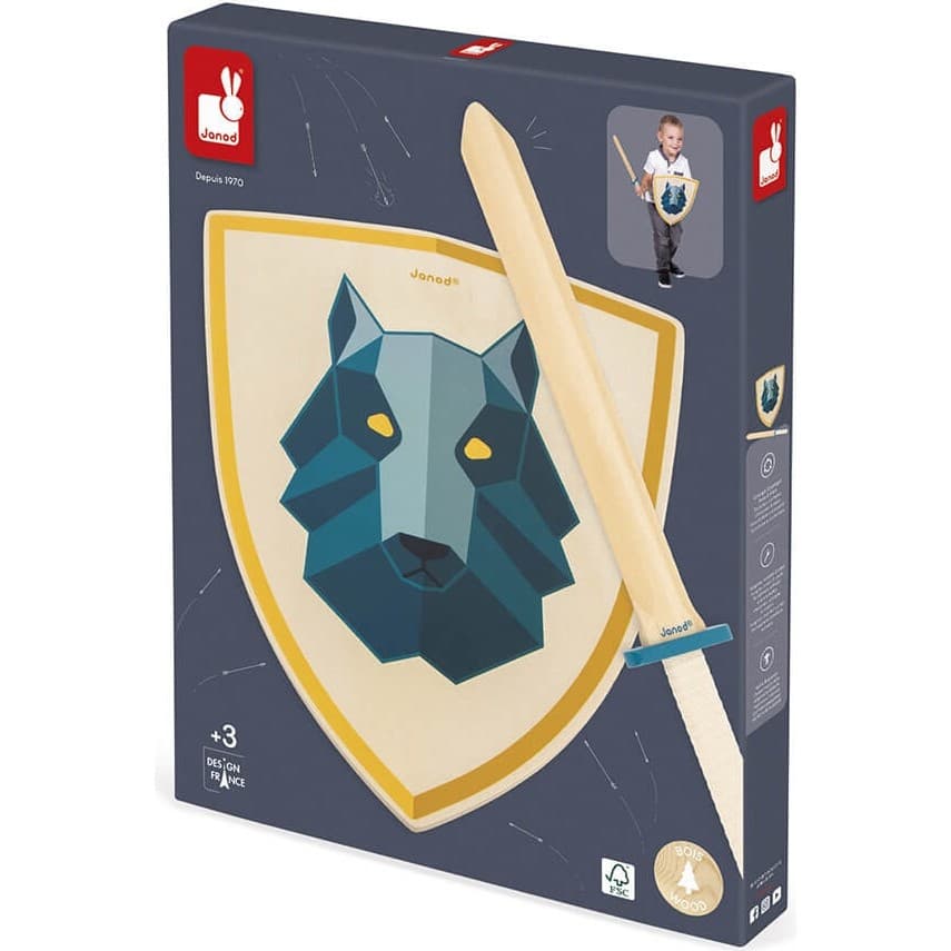 Janod Set bouclier et épée en bois Chevalier loup