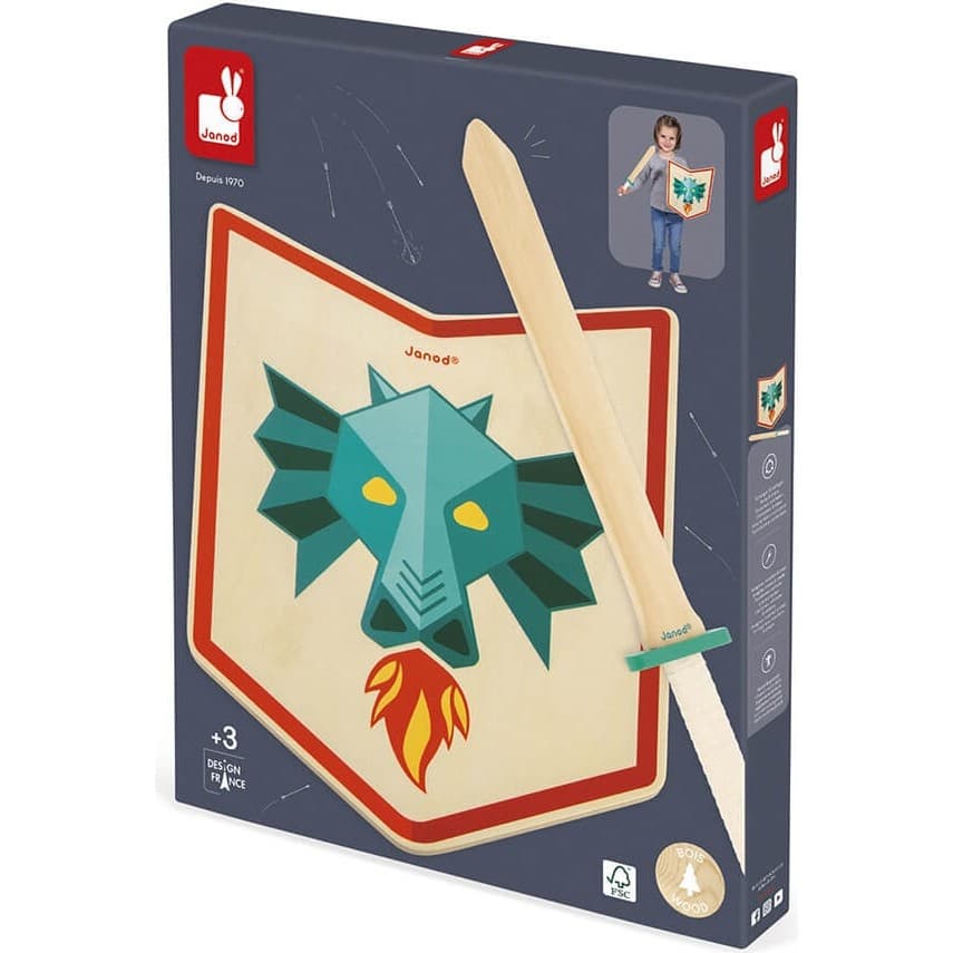 Janod Set bouclier et épée en bois Chevalier Dragon