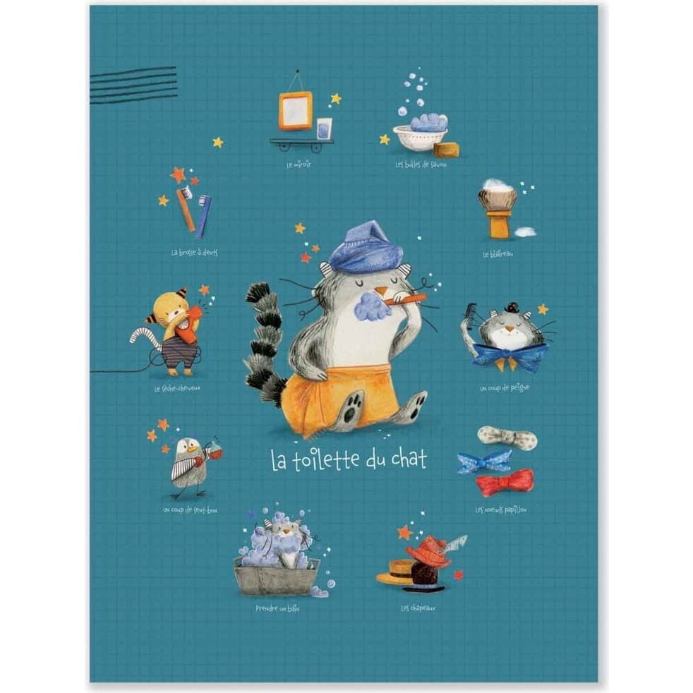 Moulin Roty Affiche Toilette du chat 30x40cm Les Moustaches