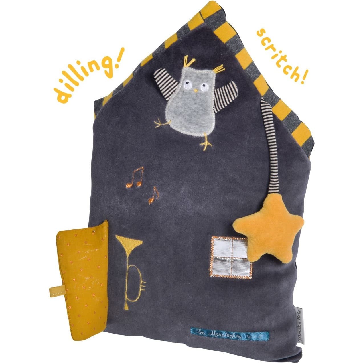 Moulin Roty Coussin d'activités maison grise Les Moustaches