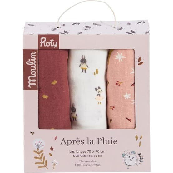 Moulin Roty Set de 3 langes imprimés coton Bio Après la pluie