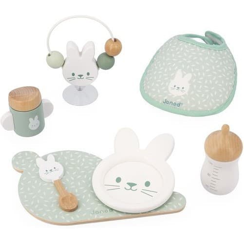 Janod Accessoires poupon Zen Biberon, Assiette, Bavoir