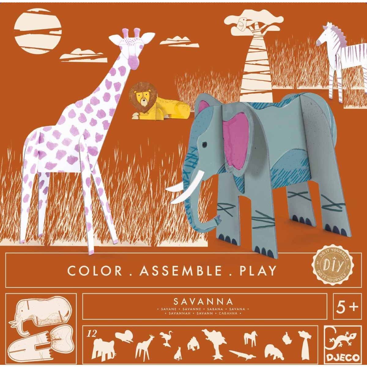 Djeco Kit Colorie, Assemble et Joue Animaux de la Savane