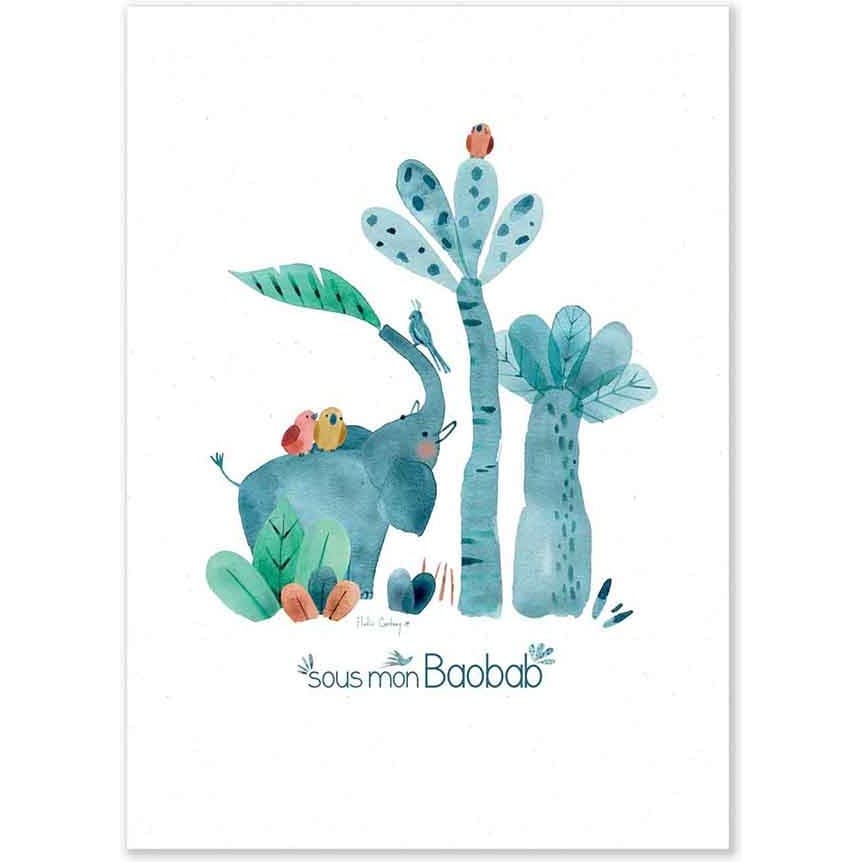 Moulin Roty Affiche Eléphant 50x70cm Sous mon baobab
