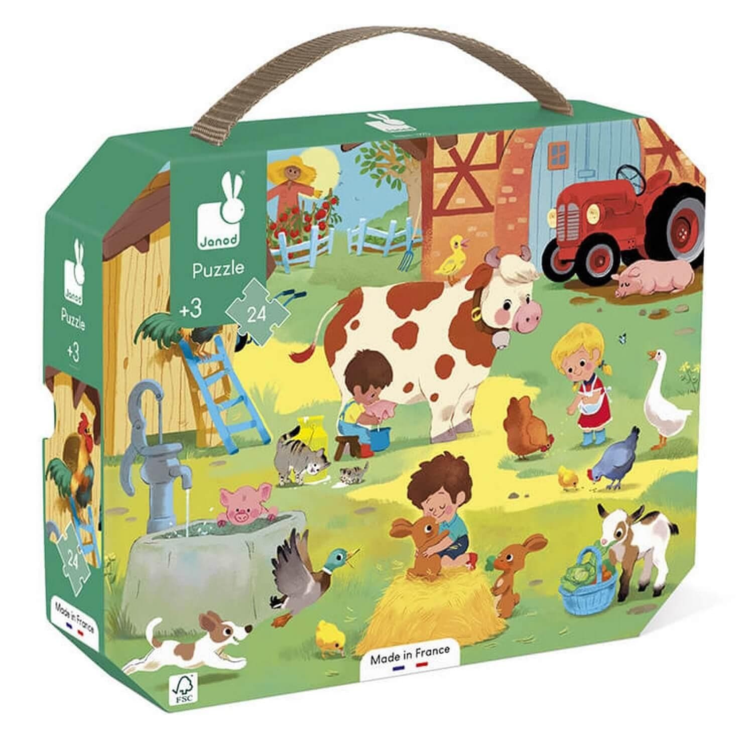 Janod Puzzle 24 pièces : valisette : une journée à la ferme