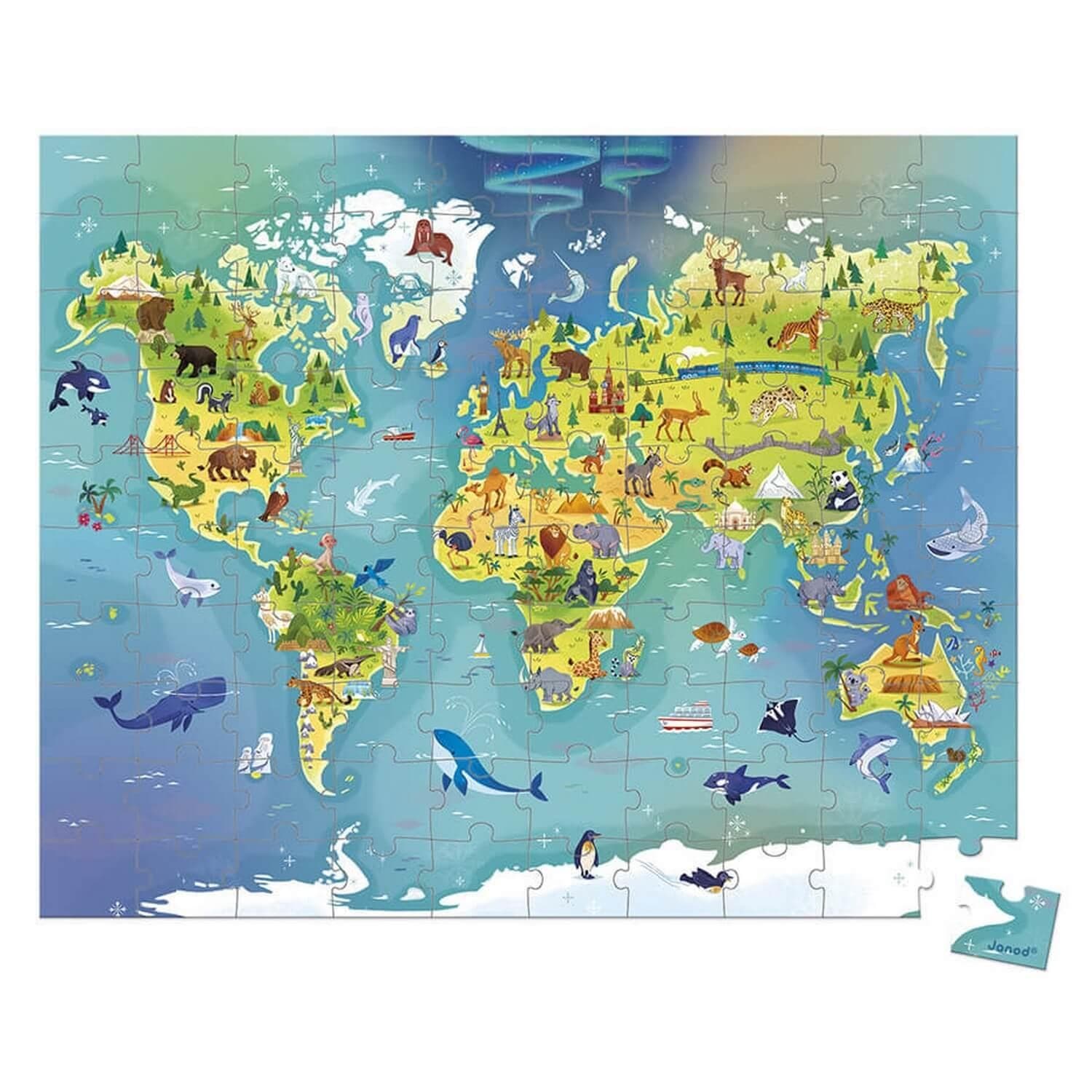 Janod Puzzle monde 100 pièces avec valisette de