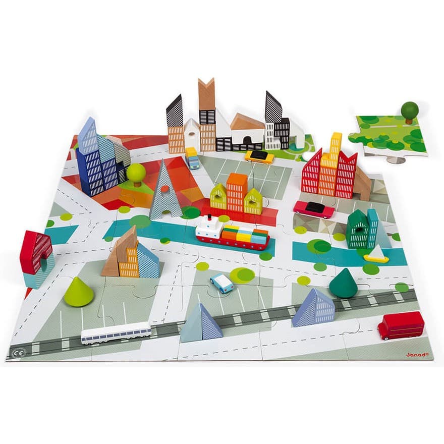 Janod Kubix 60 Blocs + Puzzle Carton Ville en bois