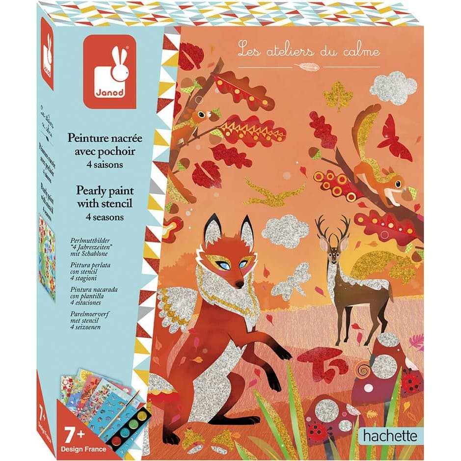 Janod Coffret de peinture nacrée avec pochoirs 4 Saisons