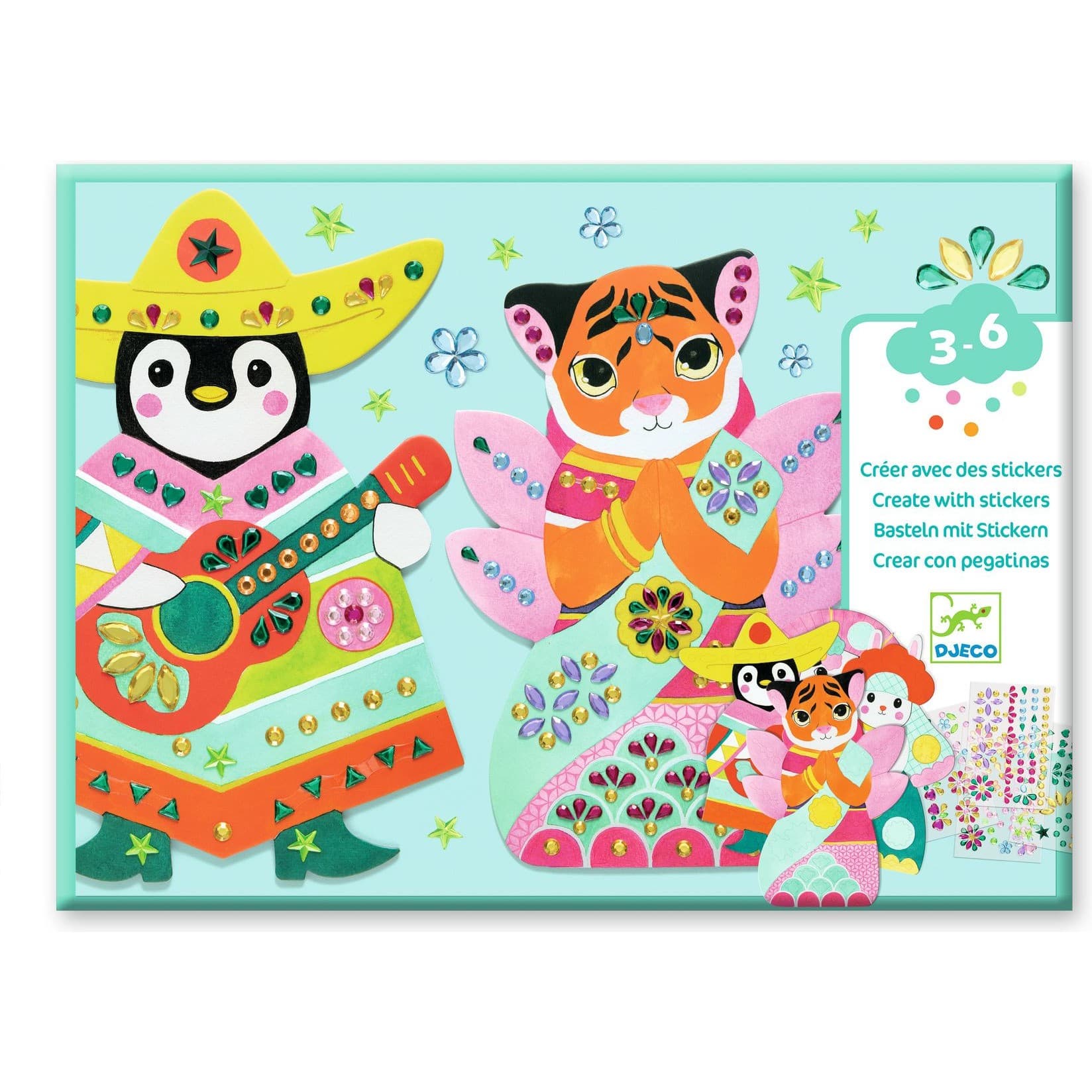 Djeco Collage Décorer 4 animaux avec des pierres brillantes