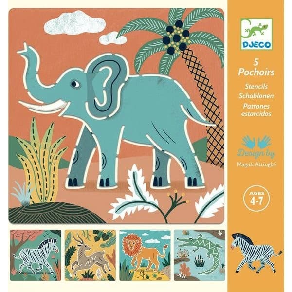 Djeco Pochettes de 5 pochoirs Animaux sauvages