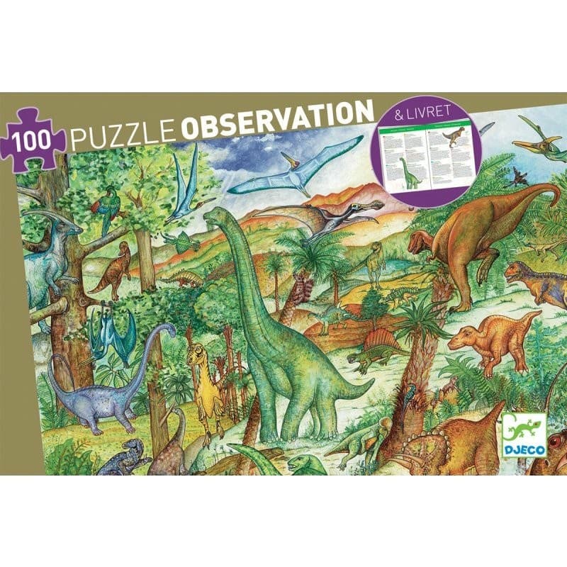 Djeco Puzzle 100 pièces Dinosaures et livret explicatif