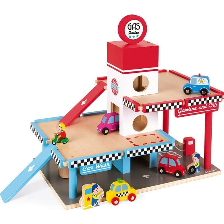 Janod Garage en bois jouet avec pompe à essence
