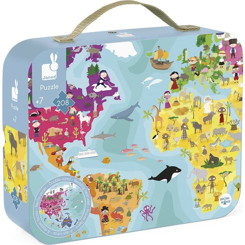 Janod Puzzle Valise Carte du Monde Double Face