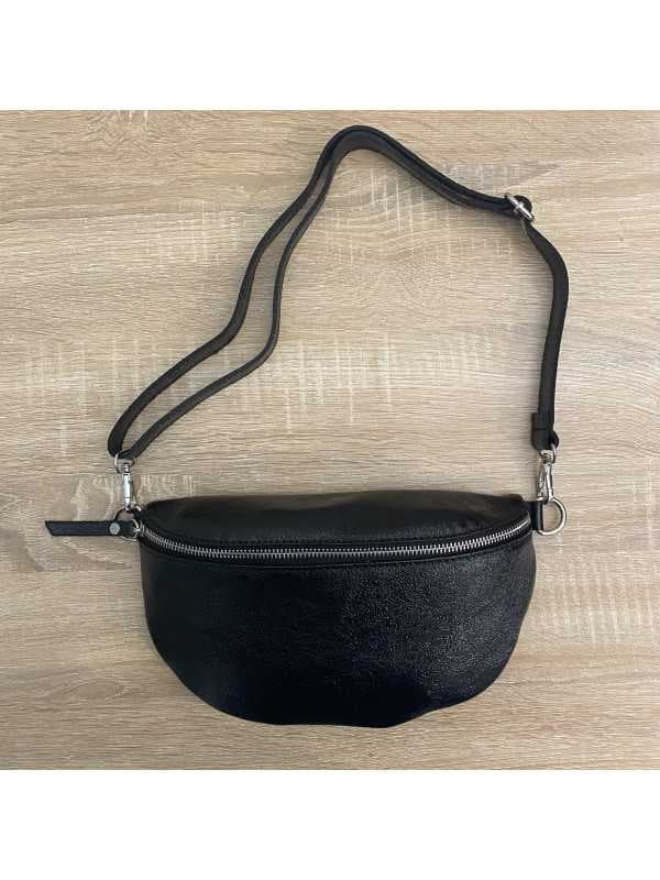 Sac banane en cuir métallisé noir - Lola