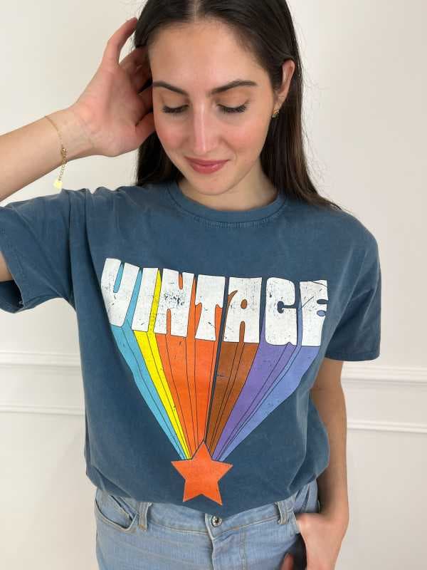 T-shirt bleu à message Vintage - Street Art Taille unique