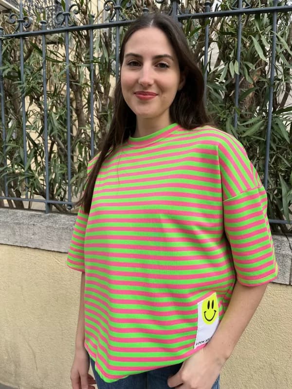 T-shirt rayé vert et rose  - Pohême