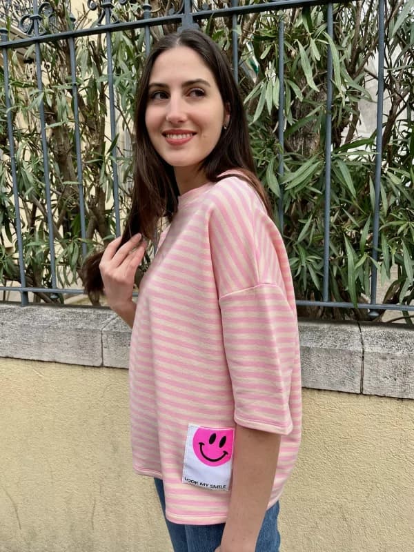 T-shirt rayé rose et crème  - Pohême