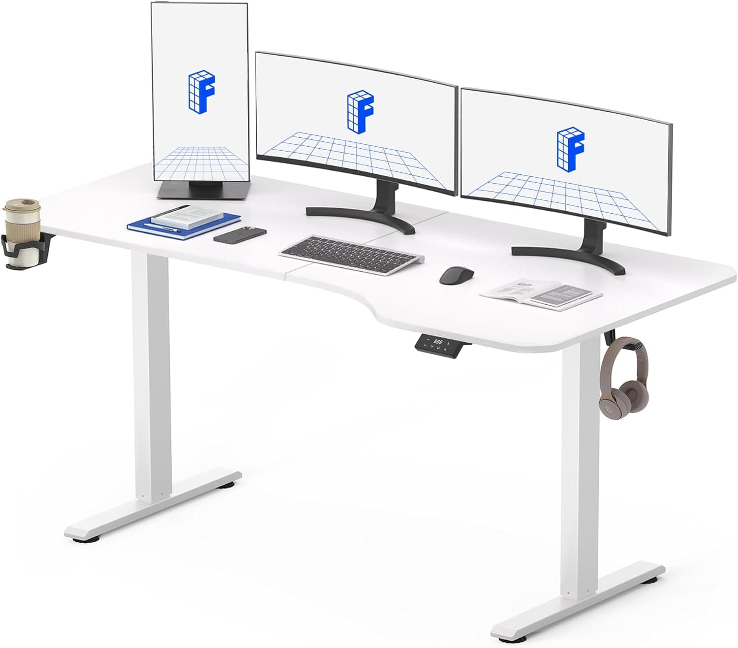 Bureau assis-debout électrique 160×80 cm - 160x75cm, Cadre Blanc+plateau Blanc