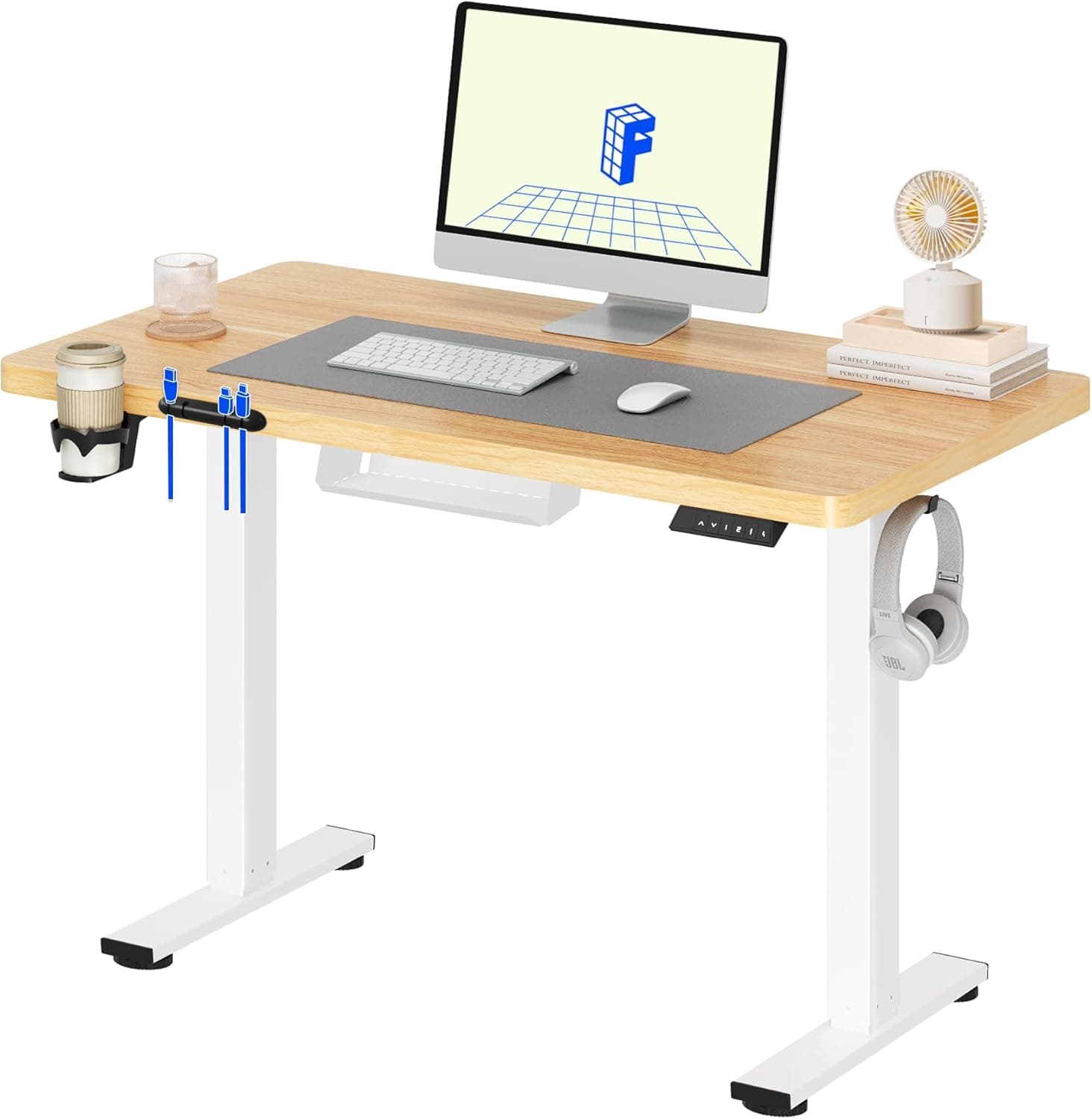 Bureau assis-debout électrique 160×80 cm - 110x54cm, Cadre Blanc+plateau Érable