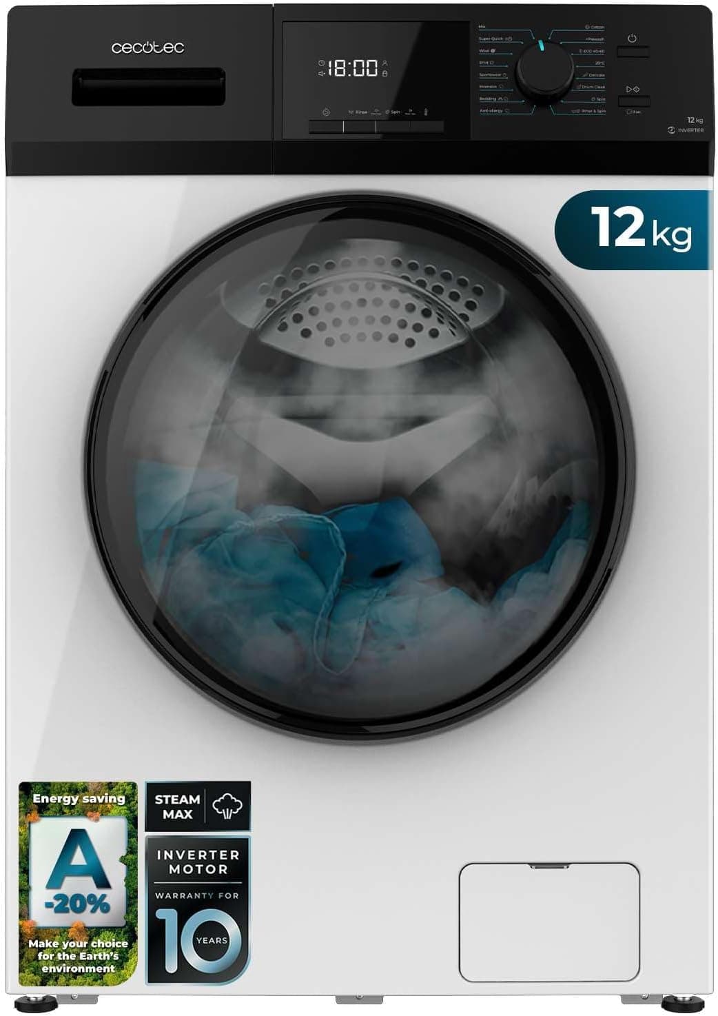 Lave-linge 9 kg 1400 tr/min,16 programmes, vapeur, moteur Inverter - 9 Kg - Blanc / Série 410