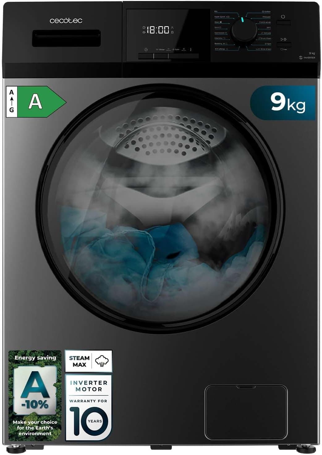Lave-linge 9 kg 1400 tr/min,16 programmes, vapeur, moteur Inverter - 9 Kg - Acier / Série 410